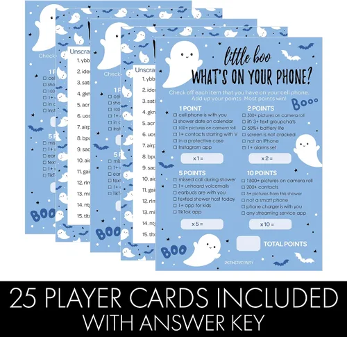 Miniatura 4 de DISTINCTIVS Blue Little Boo is Almost Due Halloween Boy Baby Shower Game Pack – 20 tarjetas de doble cara – Qué hay en tu teléfono y palabras