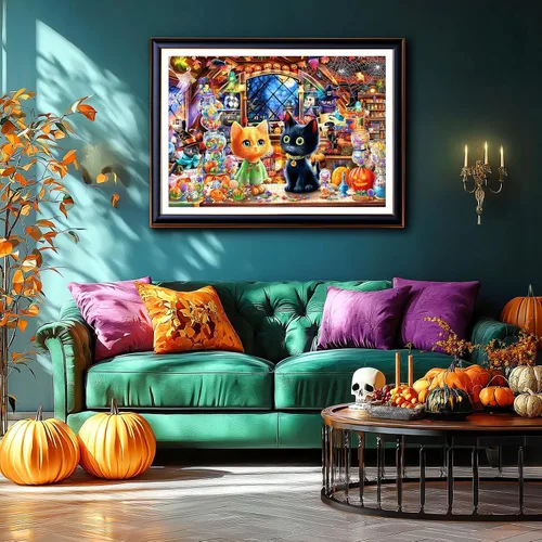 Miniatura 4 de Rompecabezas de Halloween para adultos, 1000 piezas, rompecabezas de tienda mágica de gatos y brujas con letras en la parte posterior con caramelo