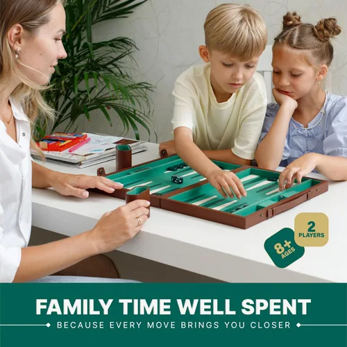 Miniatura 4 de Juego de backgammon premium de 15 pulgadas para adultos – Tablero clásico de backgammon de gamuza sintética con 32 fichas, vasos para dados y cubo