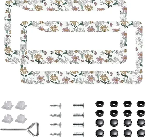 Miniatura 22 de Paquete de 2 marcos para placa de automóvil de acero inoxidable con tornillos, tapas y destornilladores, para mujeres y niñas, diseño de flores de 7