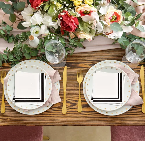 Miniatura 4 de 120 servilletas de cóctel en blanco y negro con borde negro, servilletas desechables de 3 capas para decoración de cenas de fiesta de graduación