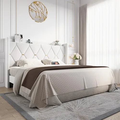 Miniatura 11 de Allewie Base de cama tapizada Velvet Queen con cabecera de almacenamiento con respaldo alado y estación de carga, cama de plataforma con diseño