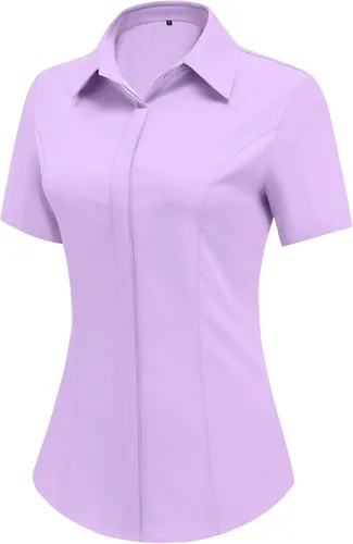 Miniatura 8 de HOTOUCH Camisas de manga corta con botones para mujer, blusa con cuello ajustado, blusa básica de verano para oficina, tallas S-2XL