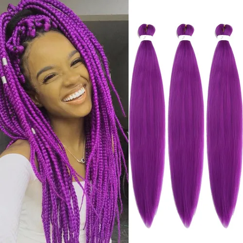 Miniatura 57 de Extensiones de cabello trenzado morado preestiradas, 20 pulgadas, 2 piezas de cabello sintético trenzado para niñas y mujeres, fiesta, disfraz