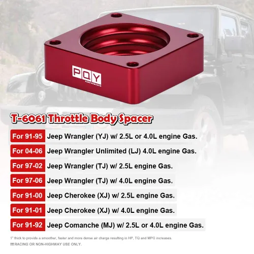 Miniatura 2 de Espaciador del cuerpo del acelerador compatible con Jeep Wrangler TJ YJ LJ Cherokee XJ 91-06 motor de gasolina 2.5L/4.0L MJ con junta de 1 pulgada