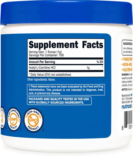Miniatura 5 de Nutricost Acetil L-carnitina HCI (ALCAR) 3.53 oz por envase - 0.04 oz por porción - Sin OMG, sin gluten, sin sabor