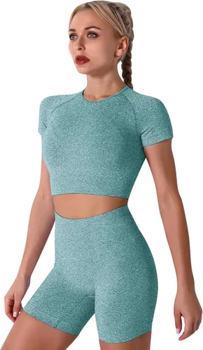 Conjuntos de 2 piezas sin costuras para yoga y entrenamiento - con ombliguera de manga corta y pantalones cortos de tiro alto para correr -