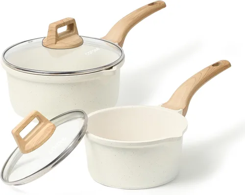 CAROTE - Juegos de ollas de salsa de 1.5Qt y 3.0Qt con tapas, juegos de ollas de cocina antiadherentes, juego de ollas de salsa con pico para Blanco