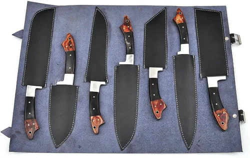 Miniatura 2 de Juego de 7 cuchillos de cocina de acero Damasco, hoja de acero de Damasco forjada a mano, 7 cuchillos incluyen rebanar, picar, pan, nikiri