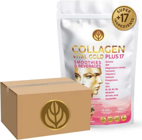 Vital Life - Polvo de péptidos de colágeno + 17 súper ingredientes, 1 libra (paquete de 12), sabor a bayas rojas, apoya el cabello, la piel, las