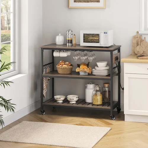 Miniatura 9 de Yaheetech Carrito de isla de cocina con toma de corriente, carritos de cocina con ruedas con almacenamiento, soporte de microondas de 3 niveles