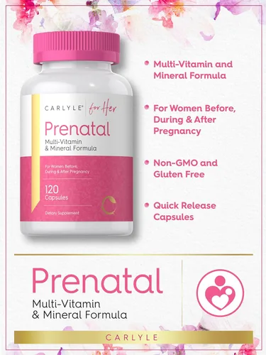 Miniatura 4 de Carlyle - Vitaminas prenatales para mujeres 120 cápsulas Fórmula multivitamínica y mineral con ácido fólico Suplemento sin organismos