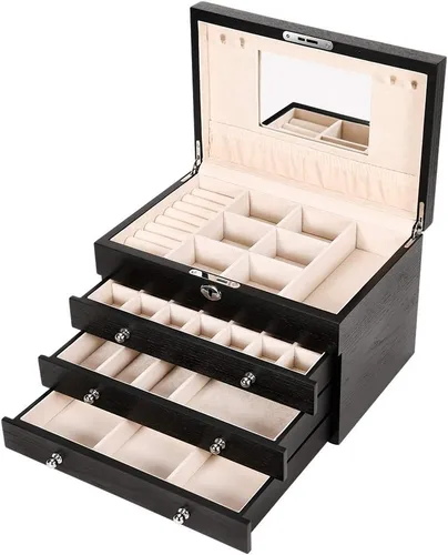 Miniatura 6 de TITISKIN Joyero grande de madera, joyero con espejo, caja de joyería con cerradura de 4 capas, caja de regalo, gabinete de joyería de escritorio