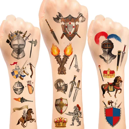 288 tatuajes temporales medievales de castillo de caballero, corona, castillos medievales, suministros de decoración para niños y adultos, disfraz