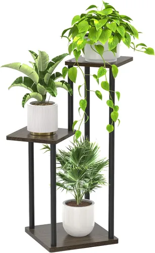 Miniatura 13 de Oppro Soporte para plantas de 3 niveles para interiores, soporte de esquina de metal de madera escalonada, soporte para macetas, estante de madera