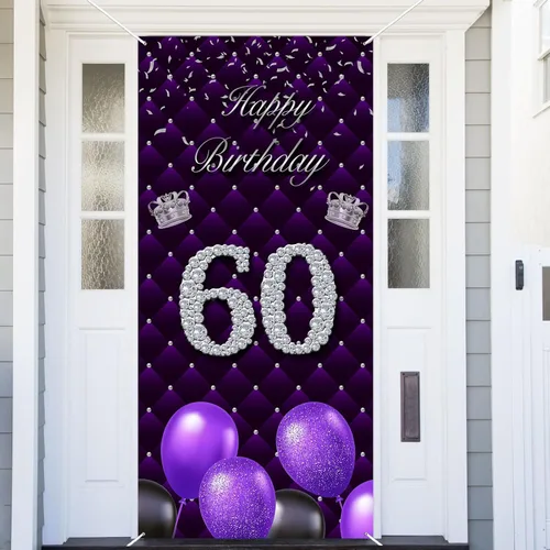 Miniatura 44 de Cartel morado de feliz primer cumpleaños telón de fondo para cabina de fotos, globos de corona plateada, decoración temática para niña, aniversario