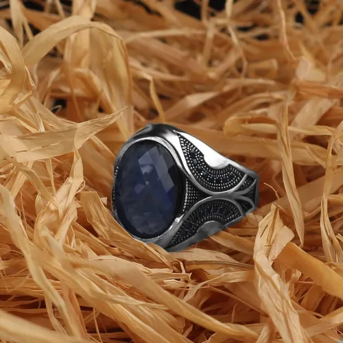 Miniatura 3 de Anillo de plata de ley 925 para hombre con piedra preciosa de zafiro, anillo de plata grabado hecho a mano, regalo para él, anillo de plata