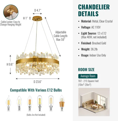 Miniatura 9 de Siljoy Candelabro moderno de cristal de 12 luces de oro cepillado de 2 niveles con forma de gota de lluvia de cristal, ajustable, montaje al ras