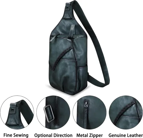 Miniatura 6 de Genuine Leather Sling Bag for Men Handmade Retro Crossbody Backpack Purse Hiking Daypack Chest Shoulder Fanny Pack
