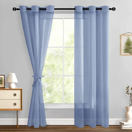 Miniatura 80 de Hiasan - Cortinas traslúcidas de gasa cortas semitransparentes con ojales y alzapaños filtrantes de luz para ventana, dormitorio, baño, 2 paneles
