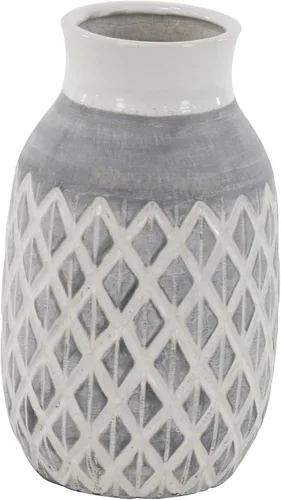 Deco 79 Jarrón decorativo de cerámica con patrón de diamante, florero para decoración del hogar, 7 x 7 x 13 pulgadas, color blanco