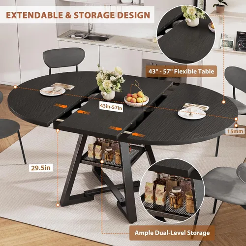 Miniatura 4 de Mesa de comedor redonda extensible de 43 a 57 pulgadas para 4-6, moderna mesa de comedor ovalada de cocina industrial con hojas extraíbles, base