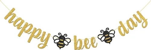 Cartel de Feliz Día de la Abeja con purpurina dorada/Suministros de fiesta de baby shower con temática de abejorros/Nueva mamá/fiesta de revelación