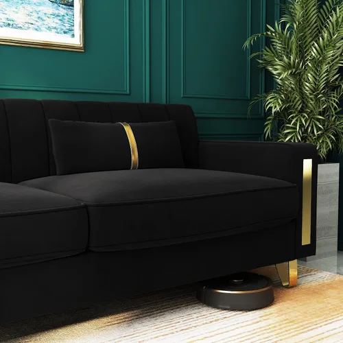 Miniatura 7 de Sofá cama modular de tela de terciopelo de 85.62 pulgadas, 3 asientos, fácil de montar con 2 almohadas de sofá, patas de metal dorado para sala