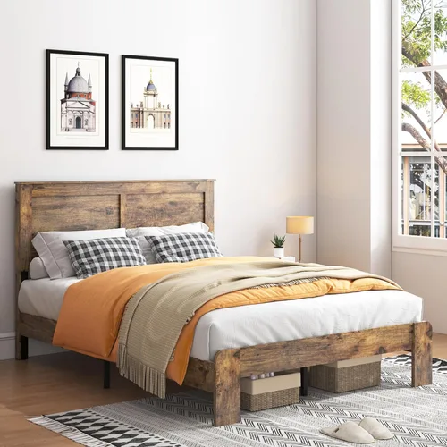 Miniatura 9 de Base de cama completa de madera con cabecera, base de cama de plataforma rústica de granja con soporte de 12 listones de madera, no necesita somier