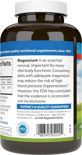 Miniatura 7 de Carlson - Magnesio, 350 mg, Apoyo Cardiovascular, Función Muscular y Salud Nerviosa, 180 cápsulas