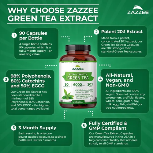 Miniatura 6 de Zazzee Extracto de té verde de extrafuerte 20:1, 6000 mg de fuerza, 50% EGCG, 98% polifenoles y 80% catequinas, 90 cápsulas veganas, suministro de 3