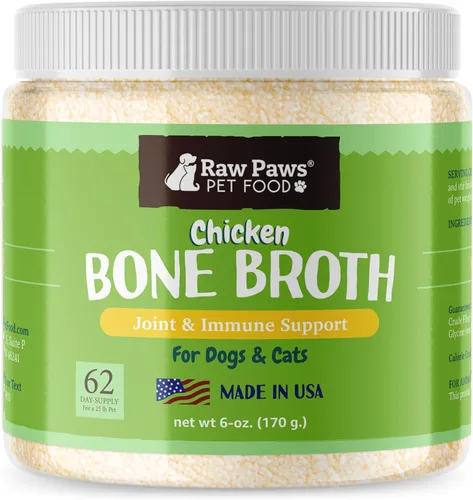 Raw Paws Caldo de hueso de pollo para perros y gatos, 6 onzas, fabricado en Estados Unidos, adorno de comida para perros, caldo de hueso en polvo de