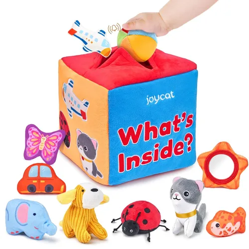 JoyCat Juguetes para bebés de 6 a 12 meses - Caja misteriosa de tela suave con 10 objetos sensoriales, sonajero, papel arrugado, espejo - ¿Qué hay