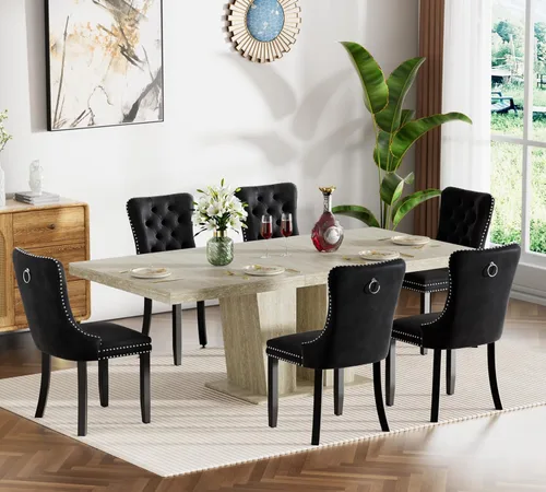 Miniatura 26 de Henf Juego de mesa de comedor extensible de 7 piezas para 6, 160 cm-200 cm Mesa de cocina extensible de grano de mármol blanco con 6 sillas Blanco