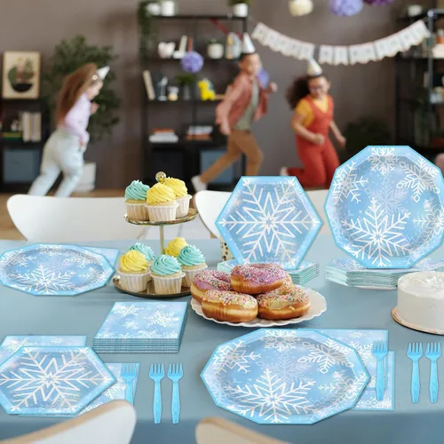 Miniatura 6 de Sirve 24 platos de papel de copo de nieve de Navidad, servilletas de almuerzo azul de nieve de invierno, juego de vajilla desechable de copo