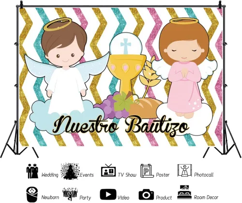 Miniatura 2 de Telón de fondo de poliéster de 5 x 3 pies con texto en inglés «Nuestro Bautizo» para niños, niñas, baby shower, bautizo, para la primera comunión