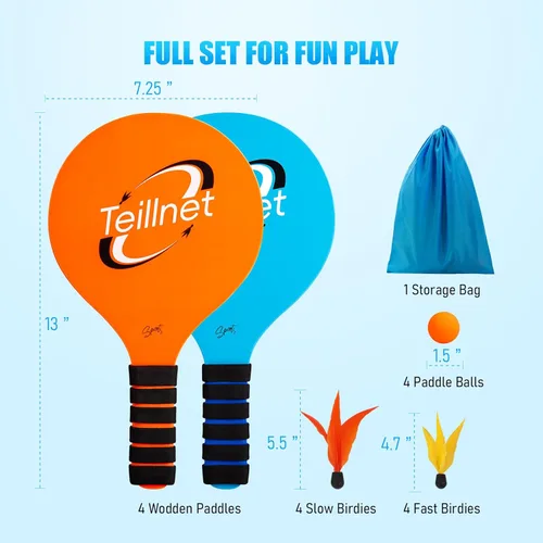 Miniatura 3 de TEILLNET Juego de pelotas de remo de playa, juegos familiares para niños y adultos, juego de bádminton con 4 raquetas, juguetes deportivos