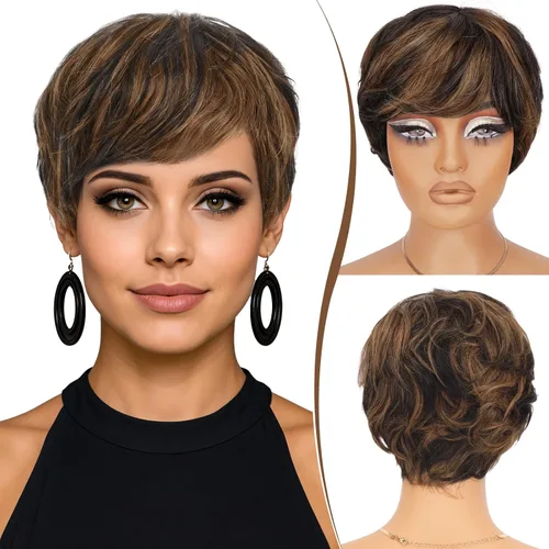 Miniatura 11 de RUWISS Peluca de cabello humano con corte Pixie, peluca de cabello humano con flequillo, peluca negra corta natural en capas, ondulada, diferentes
