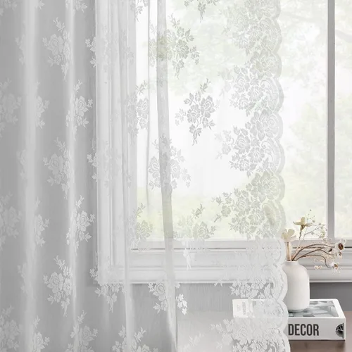 Kotile - Cortinas de encaje blanco de 63 pulgadas de largo 2 paneles, diseño bordado floral campestre, cortinas de encaje vintage para dormitorio,