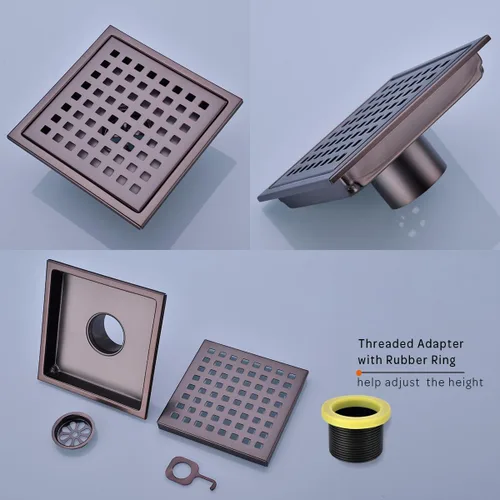 Miniatura 3 de Drenaje cuadrado de acero inoxidable de 6 pulgadas con adaptador roscado, rejilla de rejilla de cubierta extraíble, acabado de bronce cepillado