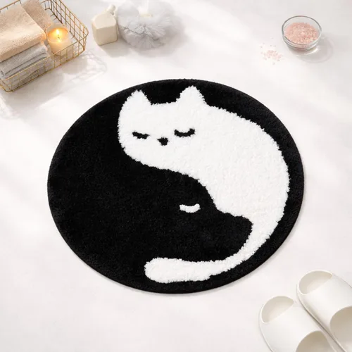 Miniatura 7 de Bonita alfombra de baño con diseño de gato Yin Yang, accesorio redondo de ducha de animales en blanco y negro, microfibra antideslizante lavable