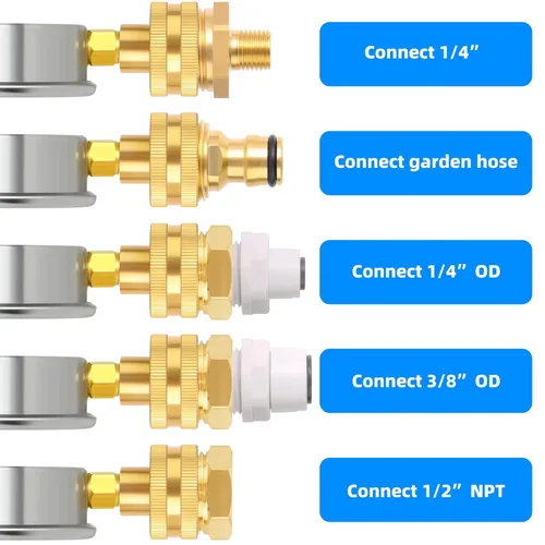 Miniatura 3 de MEANLIN MEASURE Manómetro de presión de 0~200 Psi con marco de acero inoxidable, rosca hembra de 3/4", relleno de líquido, kit con 5 adaptadores