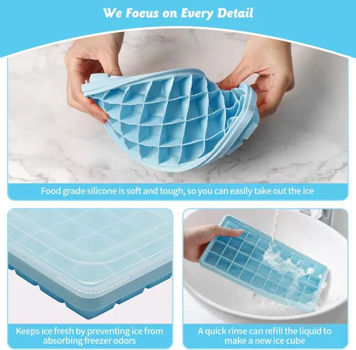 Miniatura 5 de Bandeja de silicona para cubitos de hielo con tapa a prueba de fugas y contenedor de almacenamiento para congelador, 36 piezas sin BPA, cubierta Rojo