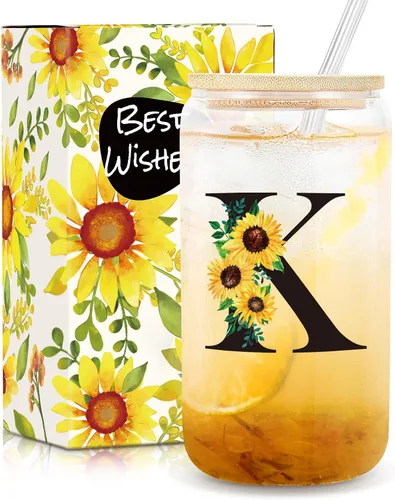 Miniatura 9 de Frerdui Regalos de cumpleaños para mujeres, vasos de vidrio con inicial con tapas y pajitas, regalo de girasol para mujeres, regalo personalizado