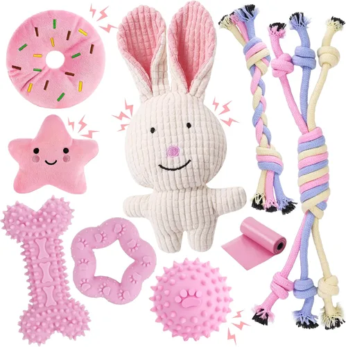 Paquete de 9 juguetes de color rosa para cachorros para dentición, interactivos para mantenerlos ocupados, lindo juguete de goma suave para perros