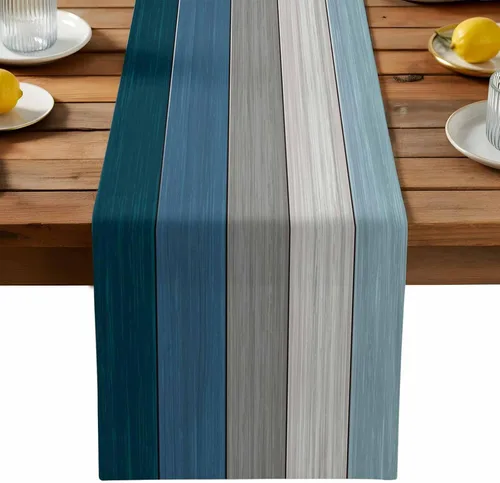 Miniatura 10 de Ocean Hues Farmhouse - Camino de mesa de lino y algodón, estilo retro, con textura de madera de granero rústica, degradado, azul, gris, Azul