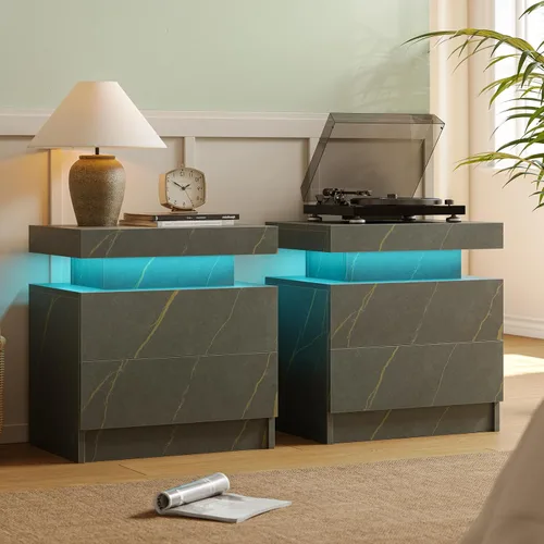 Miniatura 11 de Juego de 2 mesitas de noche con 2 cajones de madera, moderna mesita de noche LED para dormitorio LED Night Stand set 2,Night Stands set of 2 for