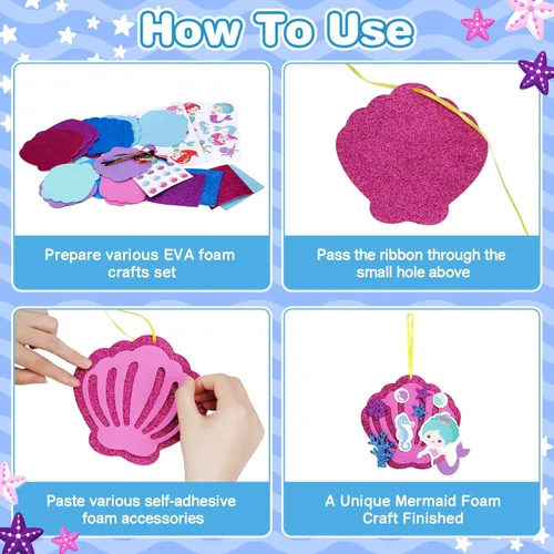 Miniatura 3 de Fennoral Paquete de 8 Manualidades de Sirena para Niños, Crea tu Propia Concha de Sirena con Adhesivos de Espuma, Artes y Manualidades DIY