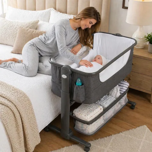 KoolerThings Cuna portátil plegable con cesta de almacenamiento, para recién nacido, para poner junto a la cama, fácil apertura lateral, con colchón
