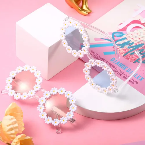 Miniatura 4 de 2 pares de lentes de sol de margarita para mujer, gafas redondas de flores para adultos y niños, decoración con gafas de tela bolsa de franela